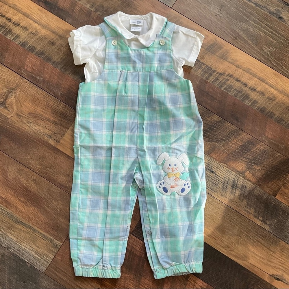 Plaid Green Overalls with Bunny Patch